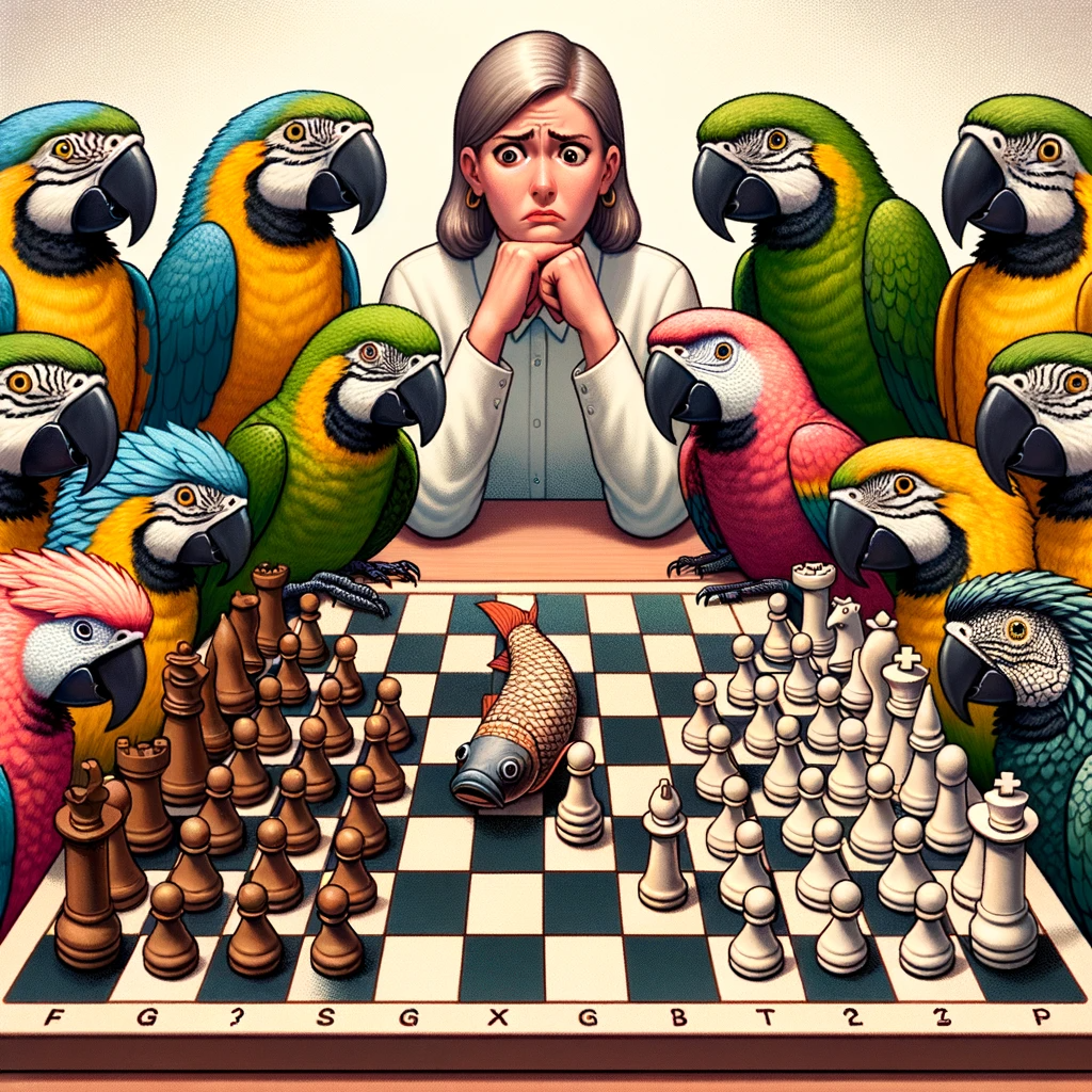"Photo of a chessboard with various parrots huddled together, symbolizing different GPT versions, looking puzzled at the chess pieces. On the opposite side, a serene fish, representing Stockfish, contemplates its next move. In the background, a vigilant woman referee observes the game, ensuring the rules are followed."
