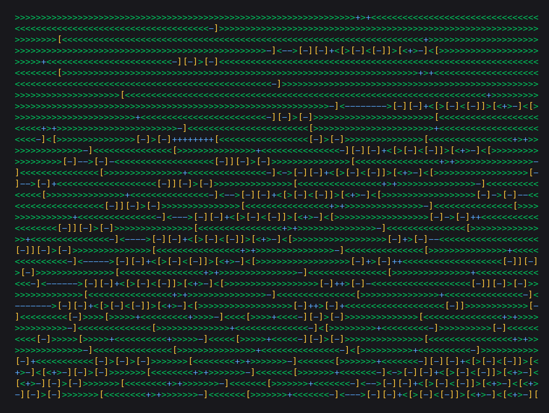 A snippet of chess.bf: 5.6 MB of raw Brainfuck code made of eight characters